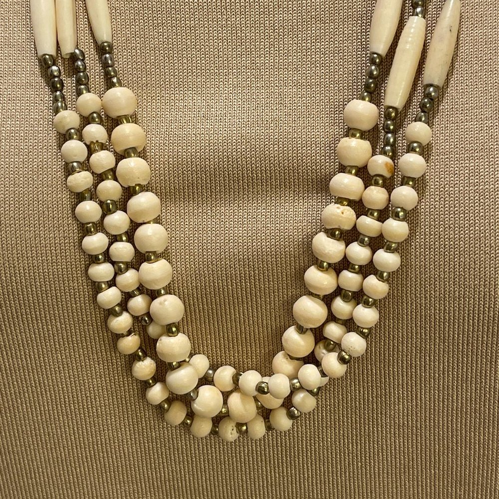 VGUC Vintage 1970's 3-Strand Bead Necklace, Multi-Shape, Ivory, Gold-Tone, 28" L